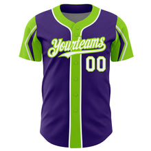 Load image into Gallery viewer, Custom Purple White-Neon Green 3 Colors Arm Shapes Authentic Baseball Jersey