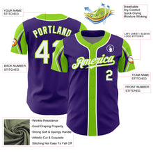 Load image into Gallery viewer, Custom Purple White-Neon Green 3 Colors Arm Shapes Authentic Baseball Jersey