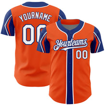 Load image into Gallery viewer, Custom Orange White-Royal 3 Colors Arm Shapes Authentic Baseball Jersey