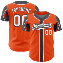 Load image into Gallery viewer, Custom Orange White-Steel Gray 3 Colors Arm Shapes Authentic Baseball Jersey