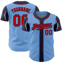 Load image into Gallery viewer, Custom Light Blue Red-Navy 3 Colors Arm Shapes Authentic Baseball Jersey