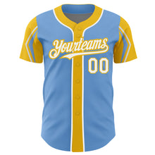 Load image into Gallery viewer, Custom Light Blue White-Yellow 3 Colors Arm Shapes Authentic Baseball Jersey