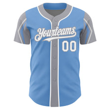 Load image into Gallery viewer, Custom Light Blue White-Gray 3 Colors Arm Shapes Authentic Baseball Jersey