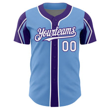 Load image into Gallery viewer, Custom Light Blue White-Purple 3 Colors Arm Shapes Authentic Baseball Jersey