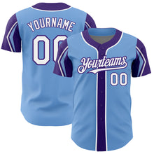 Load image into Gallery viewer, Custom Light Blue White-Purple 3 Colors Arm Shapes Authentic Baseball Jersey