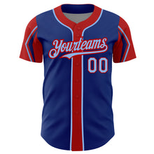 Load image into Gallery viewer, Custom Royal Light Blue-Red 3 Colors Arm Shapes Authentic Baseball Jersey