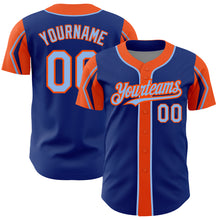 Load image into Gallery viewer, Custom Royal Light Blue-Orange 3 Colors Arm Shapes Authentic Baseball Jersey
