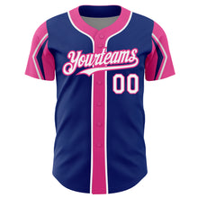 Load image into Gallery viewer, Custom Royal White-Pink 3 Colors Arm Shapes Authentic Baseball Jersey