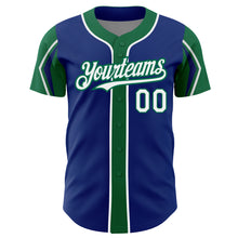 Load image into Gallery viewer, Custom Royal White-Kelly Green 3 Colors Arm Shapes Authentic Baseball Jersey