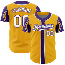 Load image into Gallery viewer, Custom Gold White-Purple 3 Colors Arm Shapes Authentic Baseball Jersey