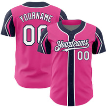 Load image into Gallery viewer, Custom Pink White-Navy 3 Colors Arm Shapes Authentic Baseball Jersey