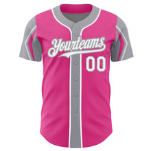 Load image into Gallery viewer, Custom Pink White-Gray 3 Colors Arm Shapes Authentic Baseball Jersey