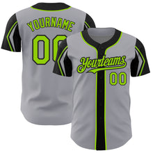 Load image into Gallery viewer, Custom Gray Neon Green-Black 3 Colors Arm Shapes Authentic Baseball Jersey