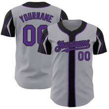 Load image into Gallery viewer, Custom Gray Purple-Black 3 Colors Arm Shapes Authentic Baseball Jersey