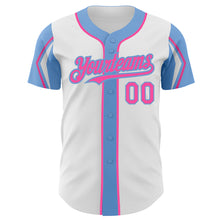 Load image into Gallery viewer, Custom White Pink-Light Blue 3 Colors Arm Shapes Authentic Baseball Jersey