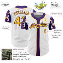 Load image into Gallery viewer, Custom White Gold-Purple 3 Colors Arm Shapes Authentic Baseball Jersey