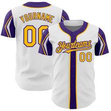 Load image into Gallery viewer, Custom White Gold-Purple 3 Colors Arm Shapes Authentic Baseball Jersey