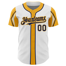 Load image into Gallery viewer, Custom White Navy-Gold 3 Colors Arm Shapes Authentic Baseball Jersey