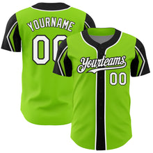 Load image into Gallery viewer, Custom Neon Green White-Black 3 Colors Arm Shapes Authentic Baseball Jersey
