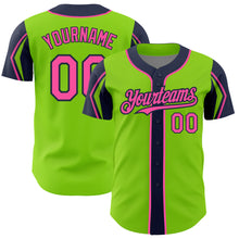 Load image into Gallery viewer, Custom Neon Green Pink-Navy 3 Colors Arm Shapes Authentic Baseball Jersey