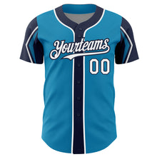 Load image into Gallery viewer, Custom Panther Blue White-Navy 3 Colors Arm Shapes Authentic Baseball Jersey
