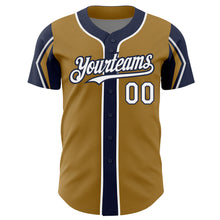 Load image into Gallery viewer, Custom Old Gold White-Navy 3 Colors Arm Shapes Authentic Baseball Jersey