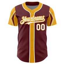 Load image into Gallery viewer, Custom Burgundy White-Gold 3 Colors Arm Shapes Authentic Baseball Jersey