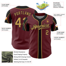 Load image into Gallery viewer, Custom Burgundy Old Gold-Black 3 Colors Arm Shapes Authentic Baseball Jersey
