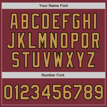 Load image into Gallery viewer, Custom Burgundy Old Gold-Black 3 Colors Arm Shapes Authentic Baseball Jersey