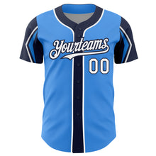 Load image into Gallery viewer, Custom Electric Blue White-Navy 3 Colors Arm Shapes Authentic Baseball Jersey