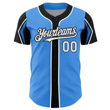 Load image into Gallery viewer, Custom Electric Blue White-Black 3 Colors Arm Shapes Authentic Baseball Jersey