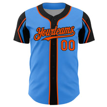 Load image into Gallery viewer, Custom Electric Blue Orange-Black 3 Colors Arm Shapes Authentic Baseball Jersey