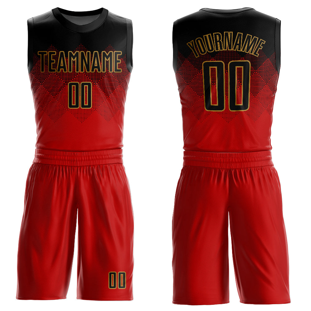 Custom Red BlackOld Gold Round Neck Sublimation Basketball Suit Jersey Sale Fcustom