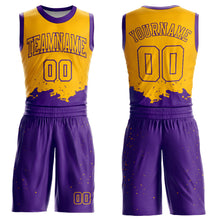 Load image into Gallery viewer, Custom Gold Purple Color Splash Round Neck Sublimation Basketball Suit Jersey