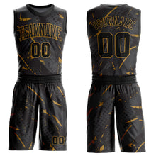 Load image into Gallery viewer, Custom Black Old Gold Bright Lines Round Neck Sublimation Basketball Suit Jersey