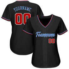 Load image into Gallery viewer, Custom Black Red-Light Blue Authentic Baseball Jersey