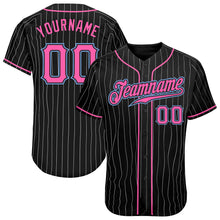 Load image into Gallery viewer, Custom Black White Pinstripe Pink-Light Blue Authentic Baseball Jersey