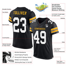Load image into Gallery viewer, Custom Black White-Gold Mesh Authentic Football Jersey