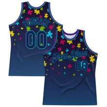 Load image into Gallery viewer, Custom Black Navy-Teal 3D Pattern Design Autism Awareness Puzzle Pieces Authentic Basketball Jersey