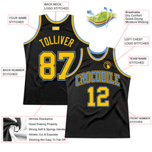 Load image into Gallery viewer, Custom Black Gold-Light Blue Authentic Throwback Basketball Jersey
