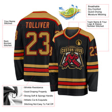 Load image into Gallery viewer, Custom Black Old Gold-Red Hockey Jersey