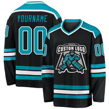 Load image into Gallery viewer, Custom Black Teal-White Hockey Jersey