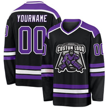 Load image into Gallery viewer, Custom Black Purple-White Hockey Jersey