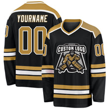 Load image into Gallery viewer, Custom Black Old Gold-White Hockey Jersey