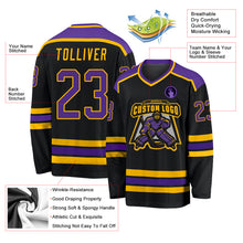 Load image into Gallery viewer, Custom Black Purple-Gold Hockey Jersey
