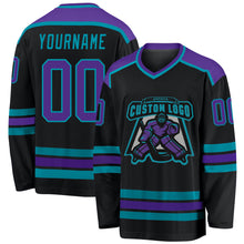 Load image into Gallery viewer, Custom Black Purple-Teal Hockey Jersey