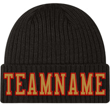 Load image into Gallery viewer, Custom Black Old Gold-Red Stitched Cuffed Knit Hat