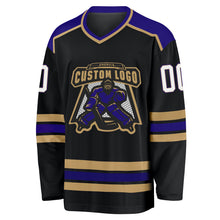 Load image into Gallery viewer, Custom Black White Old Gold-Dark Purple Hockey Jersey