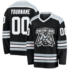 Load image into Gallery viewer, Custom Black White-Silver Hockey Jersey