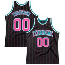 Load image into Gallery viewer, Custom Black Pink Pinstripe Pink-Teal Authentic Basketball Jersey